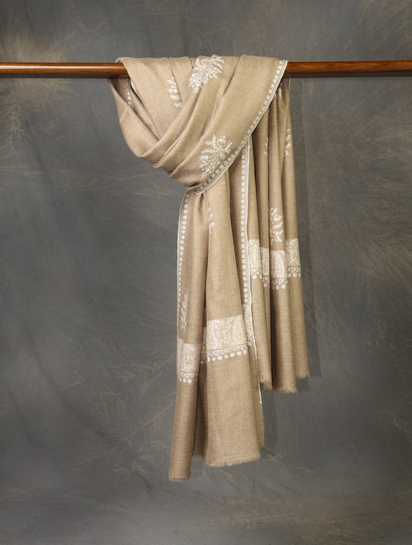 Natural  Boteh Motif Embroidery Cashmere Pashmina Shawl — Jali openwork embroidery pashmina shawl from Srinagar