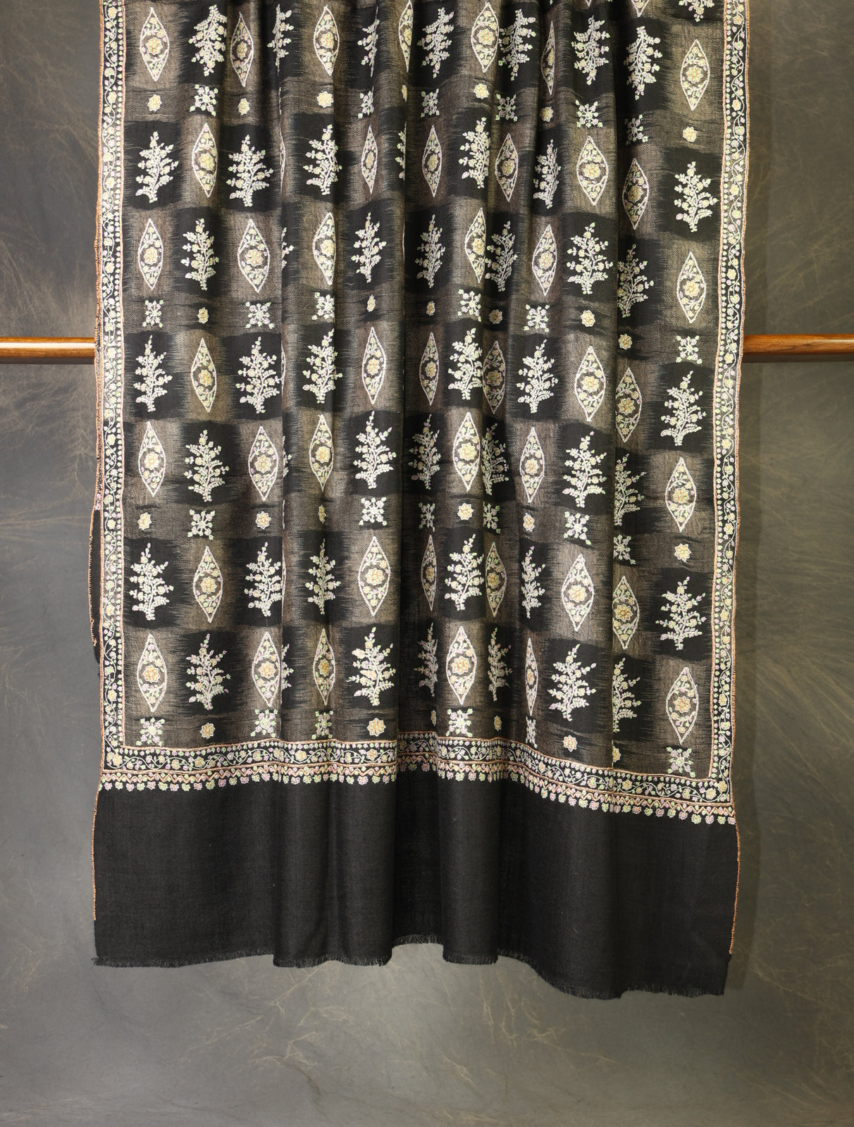 Black and Natural Ikkat Base Motif Embroidery Cashmere Pashmina Shawl