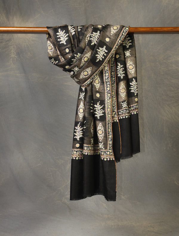 Black and Natural Ikkat Base Motif Embroidery Cashmere Pashmina Shawl — Jali openwork embroidery pashmina shawl from Srinagar
