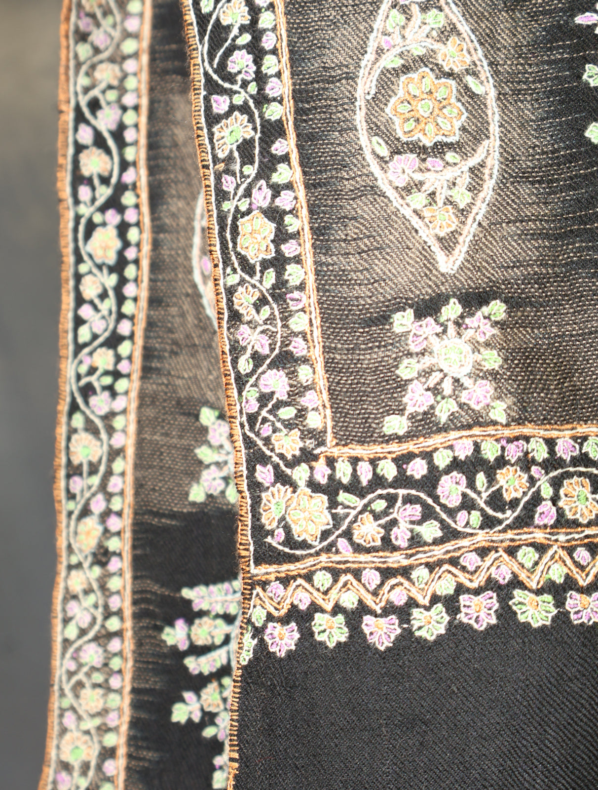 Black and Natural Ikkat Base Motif Embroidery Cashmere Pashmina Shawl