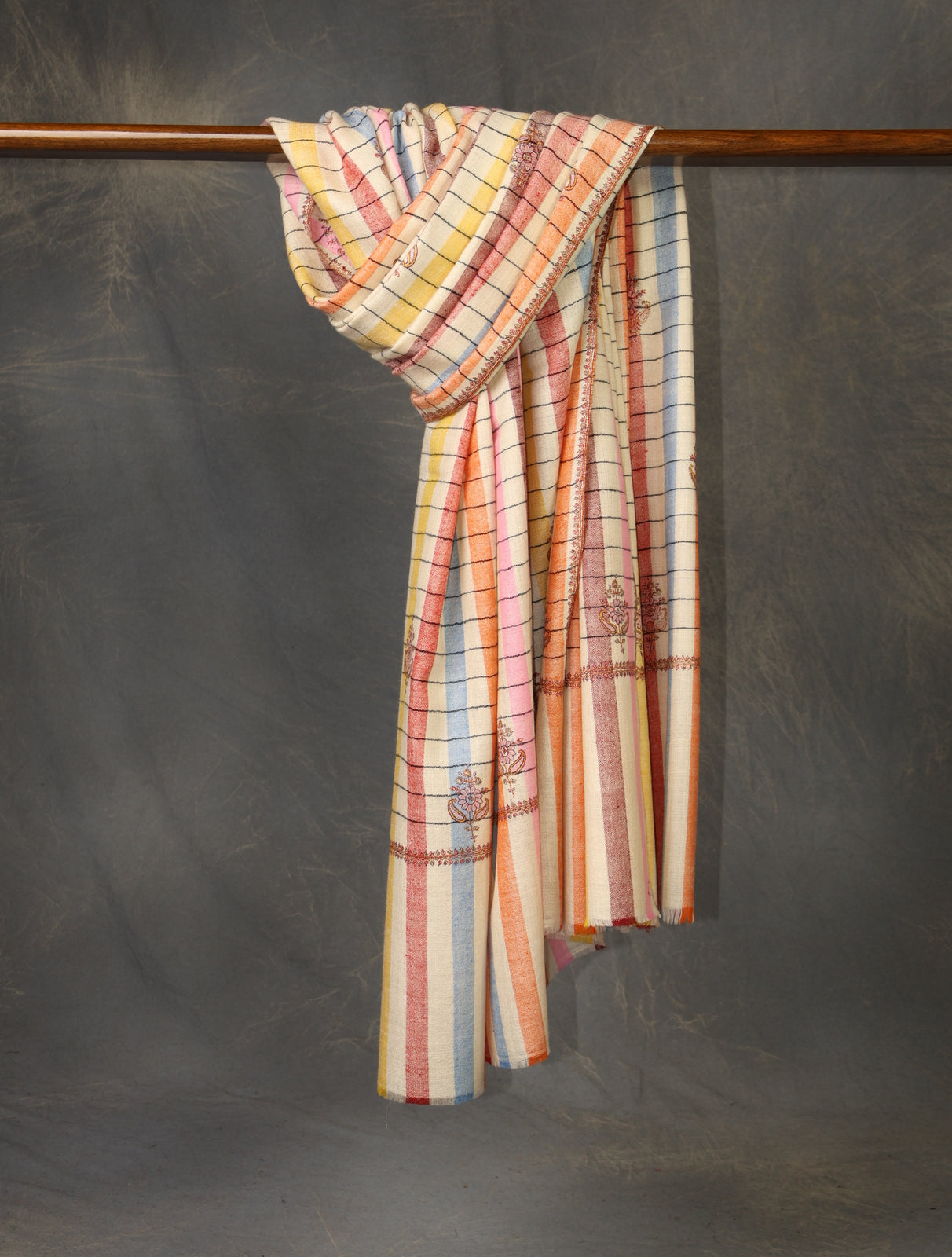 Multicolor Striped Boteh Motif Embroidery Cashmere Pashmina Shawl