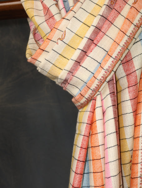 Multicolor Striped Boteh Motif Embroidery Cashmere Pashmina Shawl