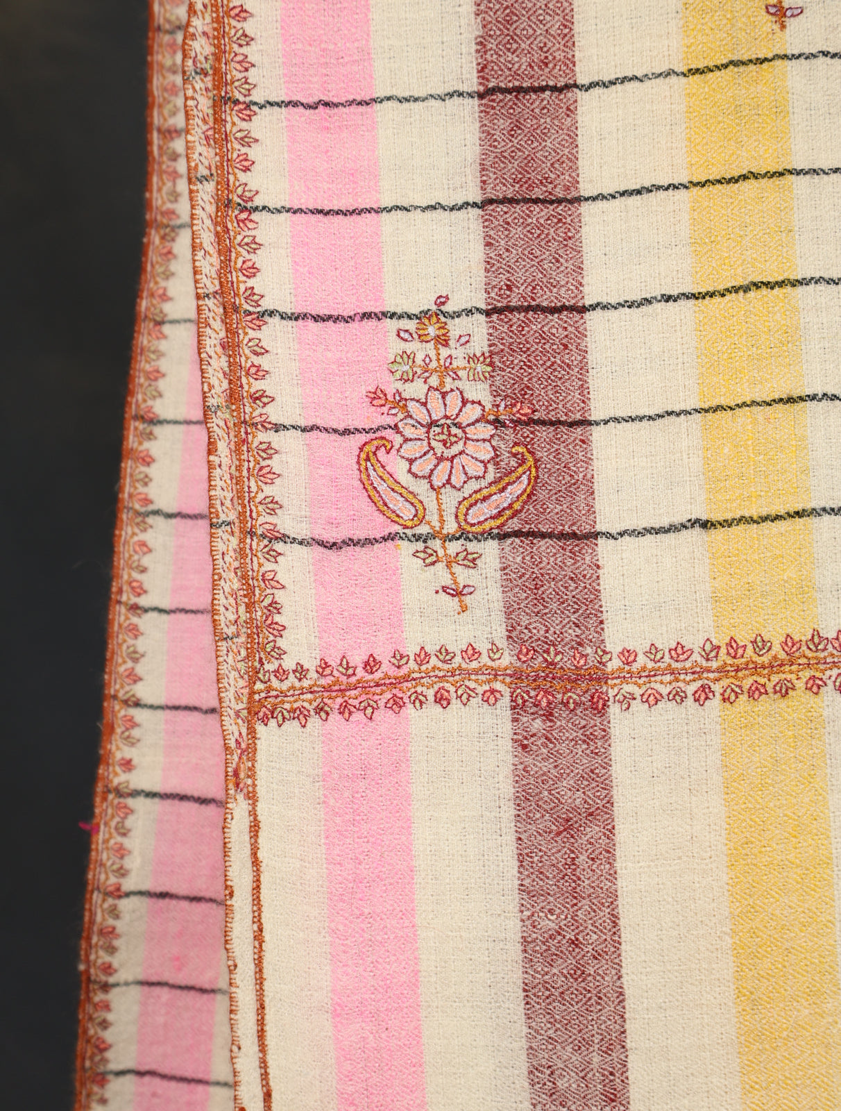 Multicolor Striped Boteh Motif Embroidery Cashmere Pashmina Shawl