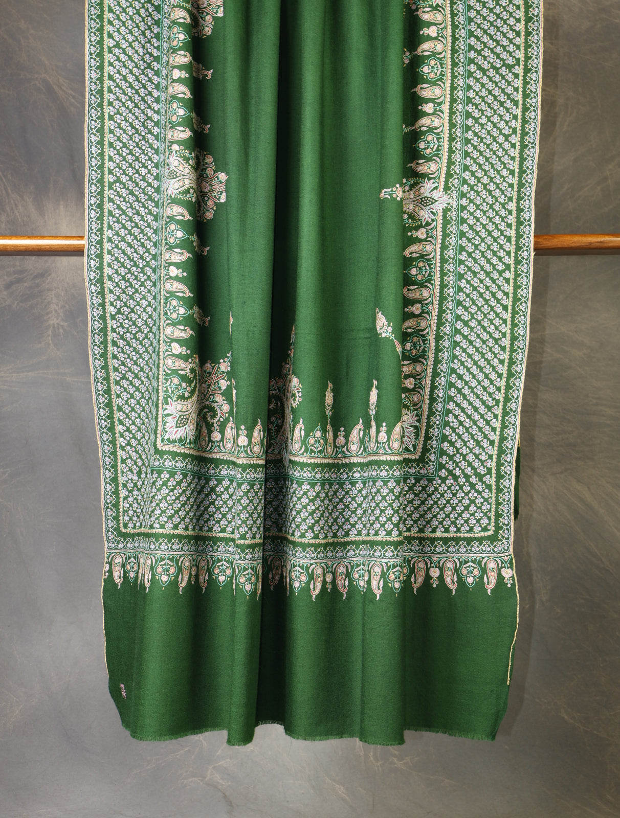 Green Big Border And Boteh Motif Embroidery Cashmere Pashmina Shawl