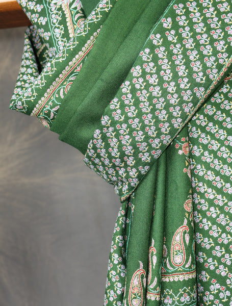 Green Big Border And Boteh Motif Embroidery Cashmere Pashmina Shawl