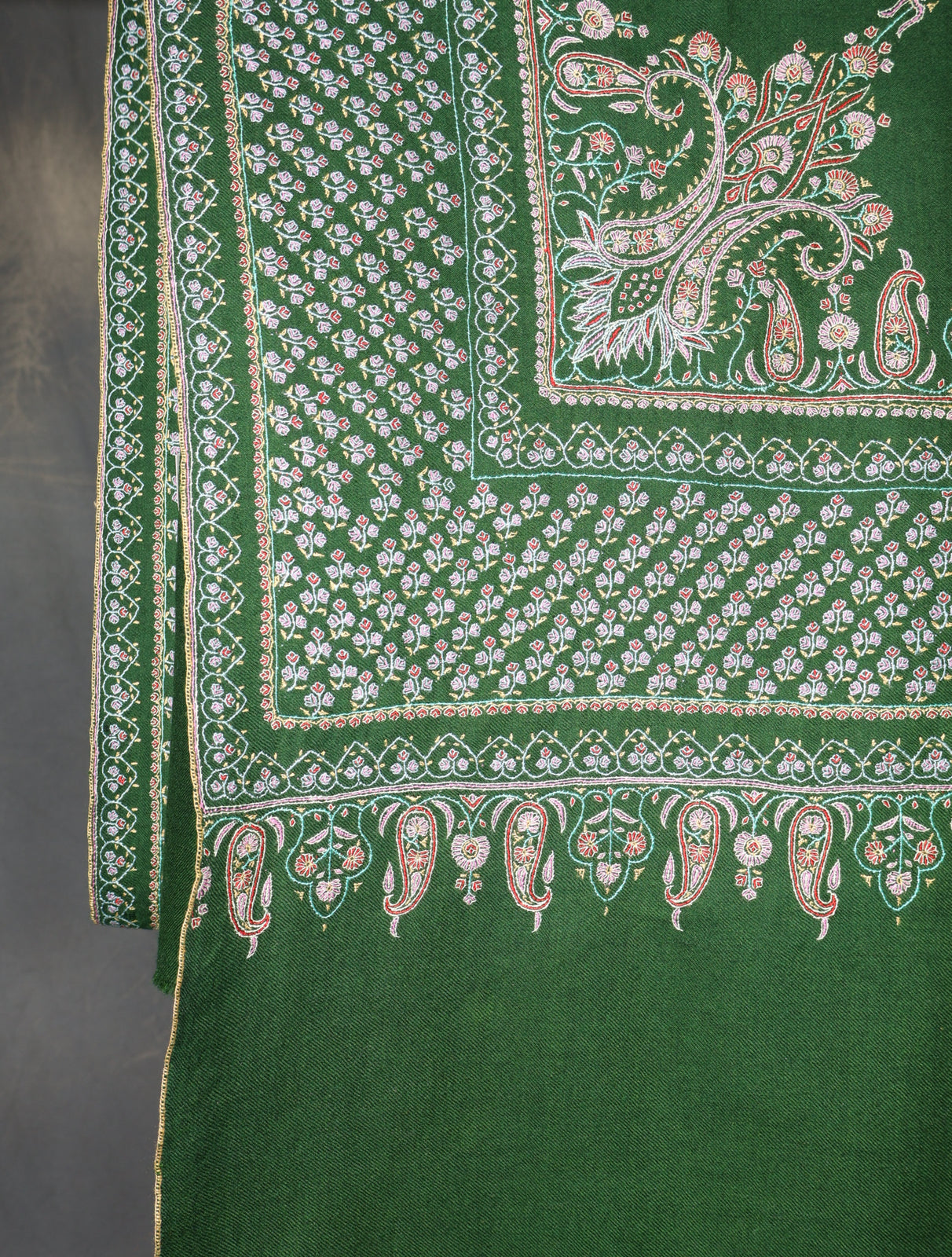Green Big Border And Boteh Motif Embroidery Cashmere Pashmina Shawl