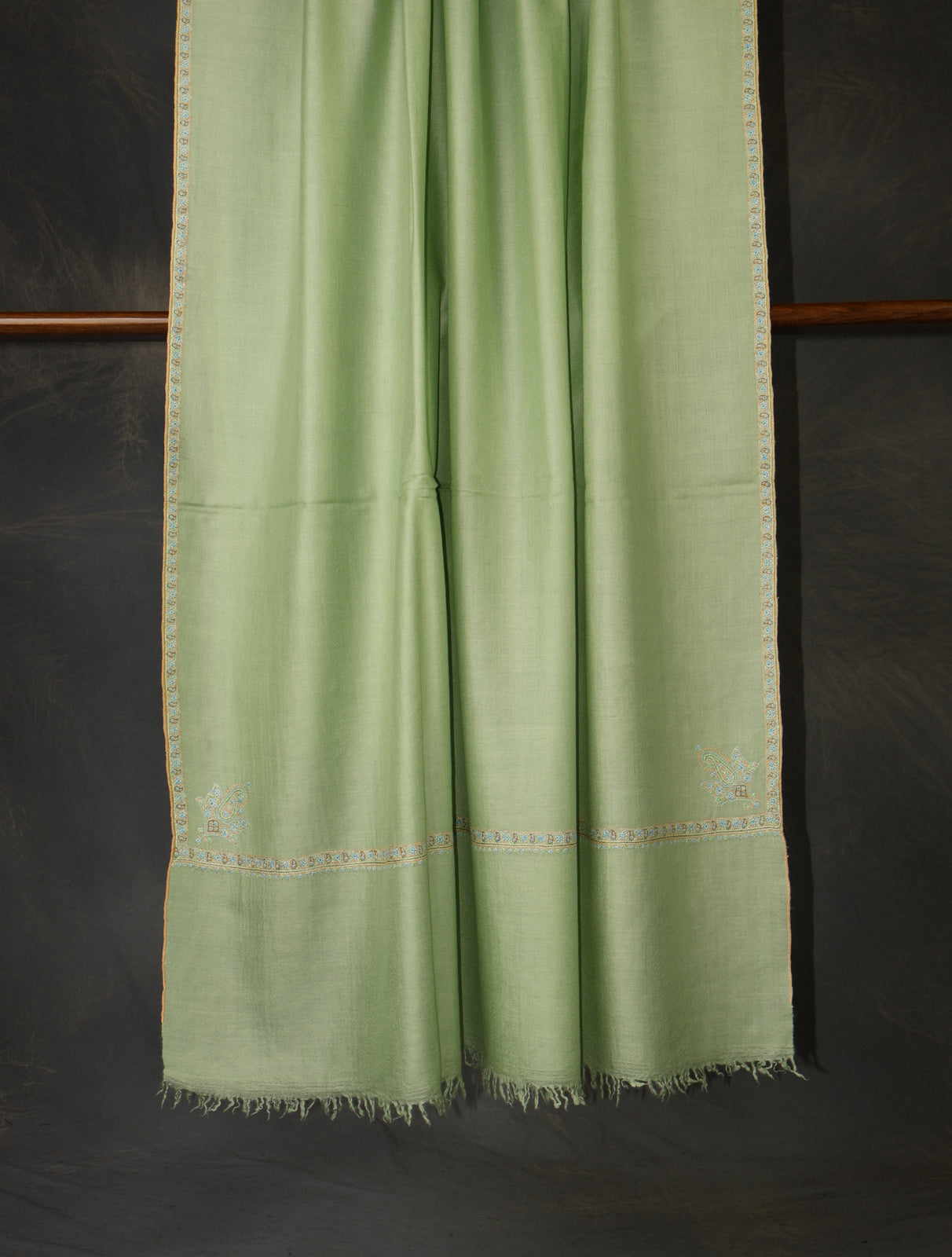 Pistachio Green Base With Small Border Embroidery Cashmere Pashmina Shawl