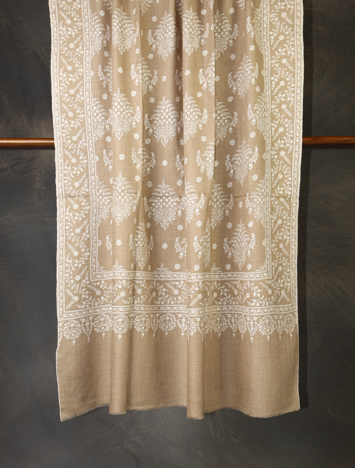Natural Big Border And Boteh Motif Embroidery Cashmere Pashmina Shawl