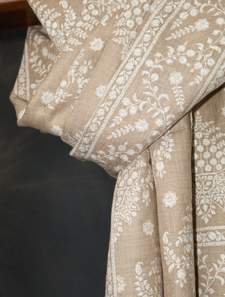 Natural Big Border And Boteh Motif Embroidery Cashmere Pashmina Shawl