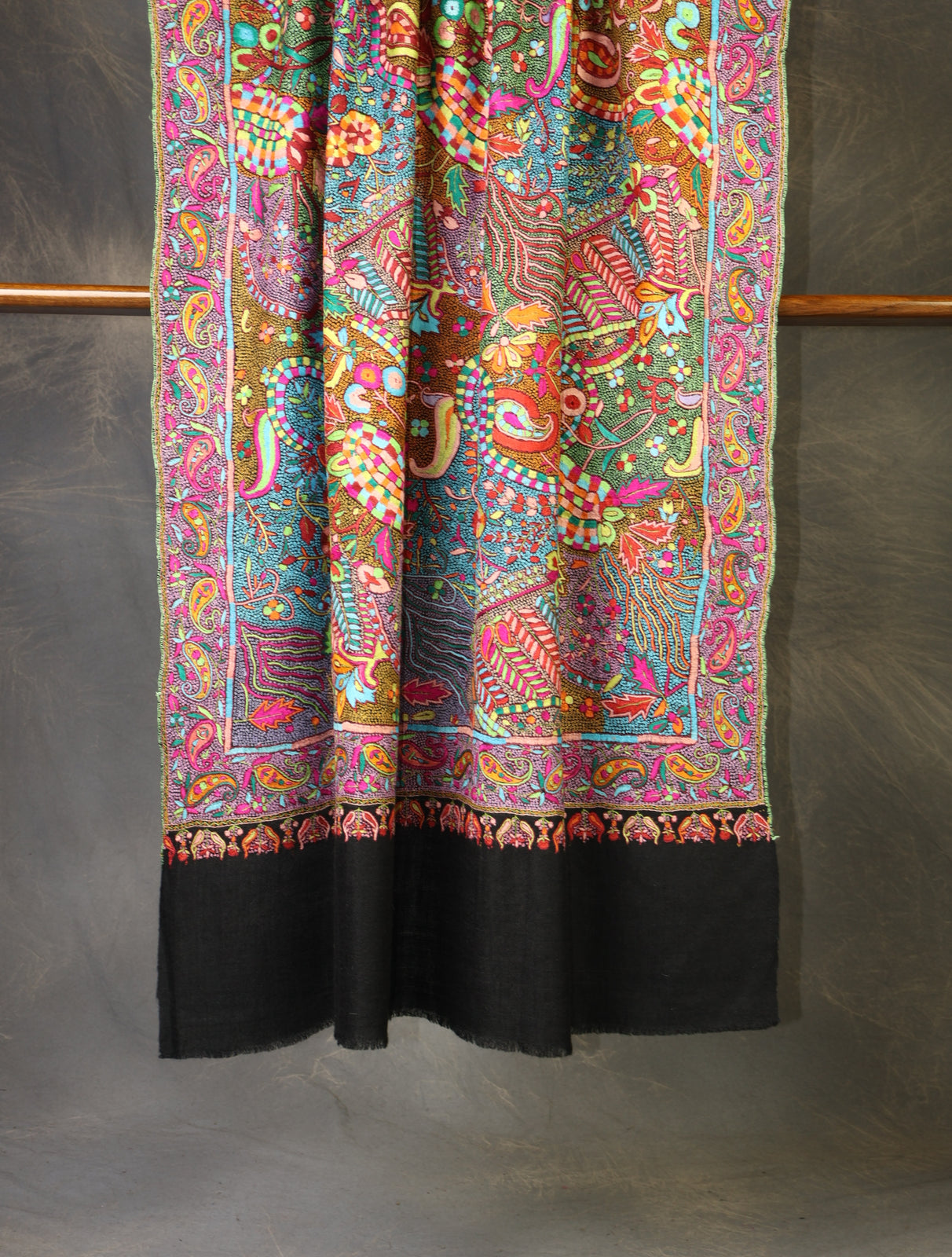Black Base Jamawar Multi-color Embroidery Cashmere Pashmina Shawl