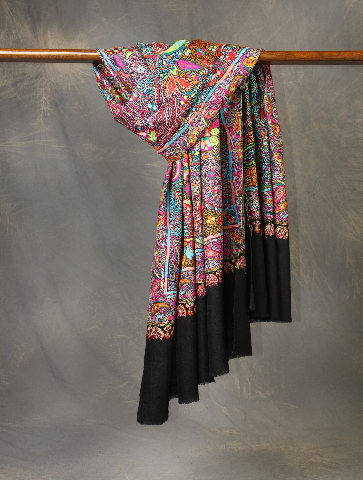 Black Base Jamawar Multi-color Embroidery Cashmere Pashmina Shawl