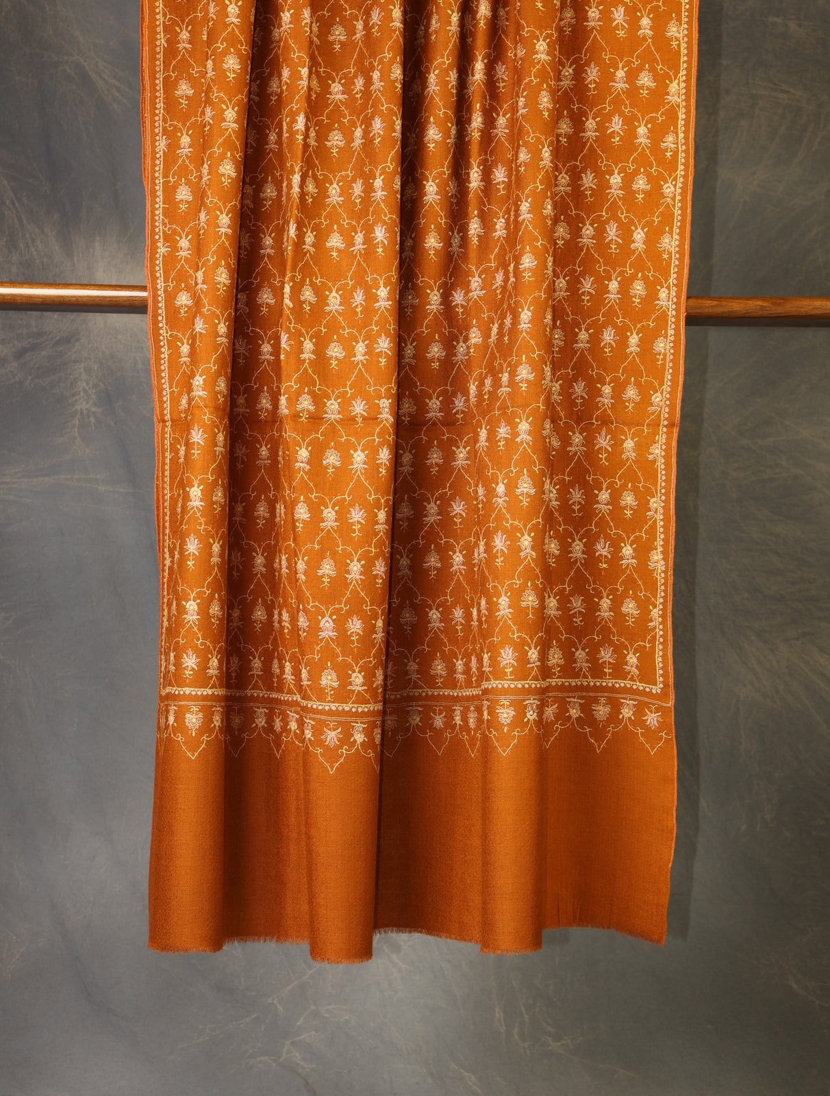 Rich Rust Base Jali Embroidery Cashmere Pashmina Shawl