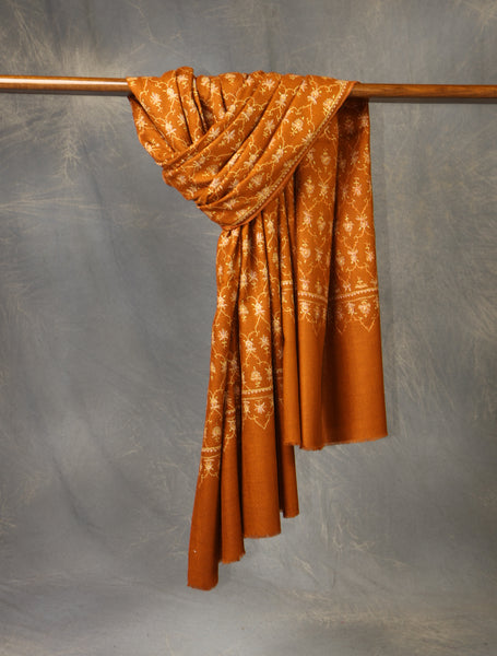 Rich Rust Base Jali Embroidery Cashmere Pashmina Shawl