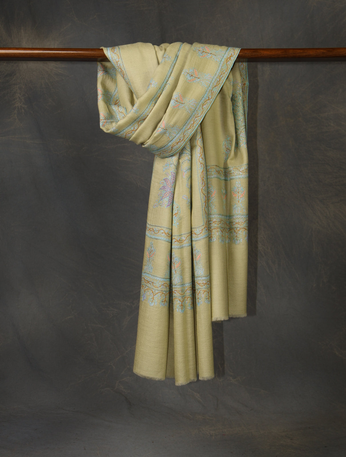 Pistachio Green Boteh Motif Embroidery Cashmere Pashmina Shawl