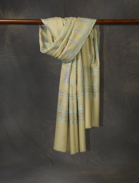 Pistachio Green Boteh Motif Embroidery Cashmere Pashmina Shawl