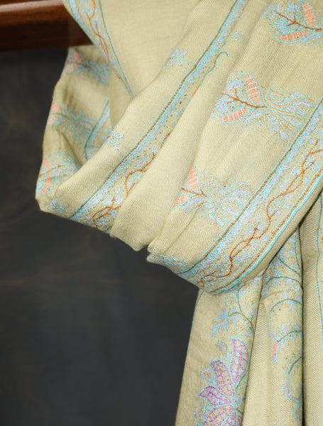 Pistachio Green Boteh Motif Embroidery Cashmere Pashmina Shawl