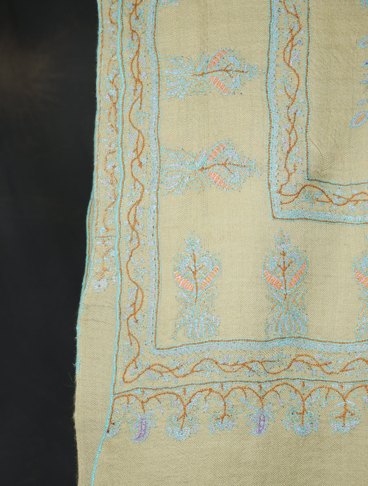 Pistachio Green Boteh Motif Embroidery Cashmere Pashmina Shawl