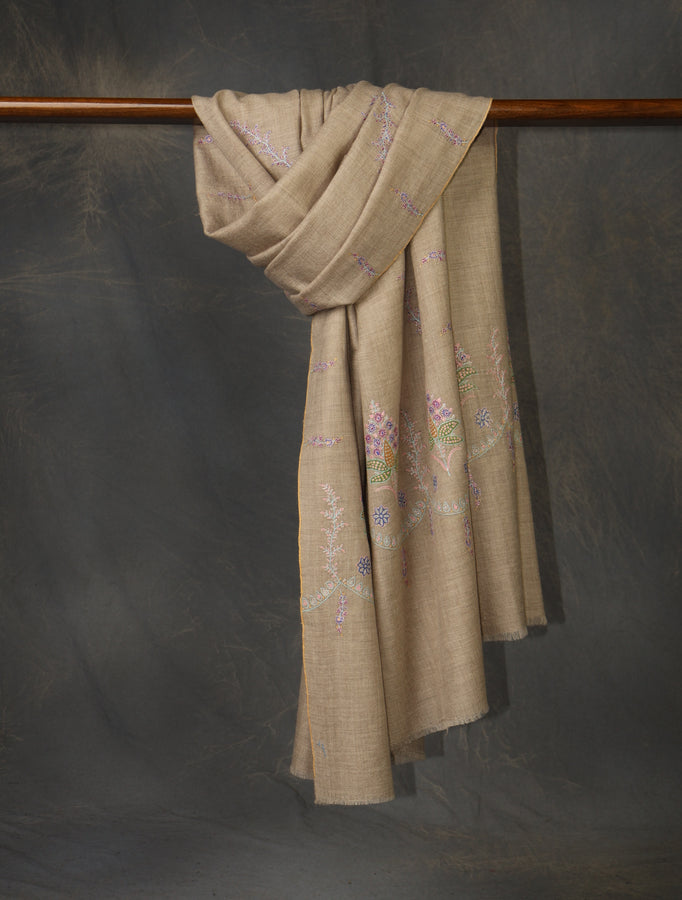 Natural Base Big Border Embroidery Cashmere Pashmina Shawl