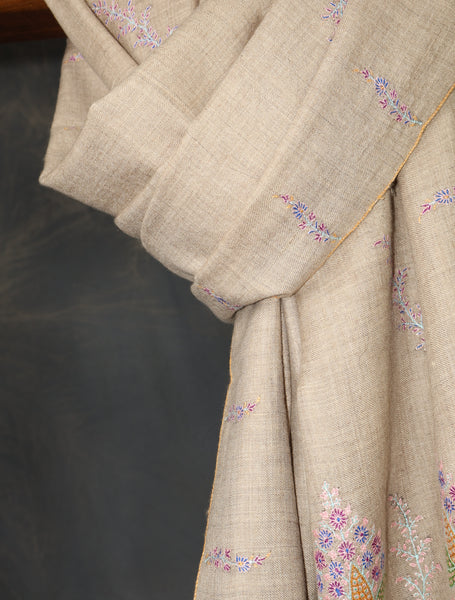 Natural Base Big Border Embroidery Cashmere Pashmina Shawl