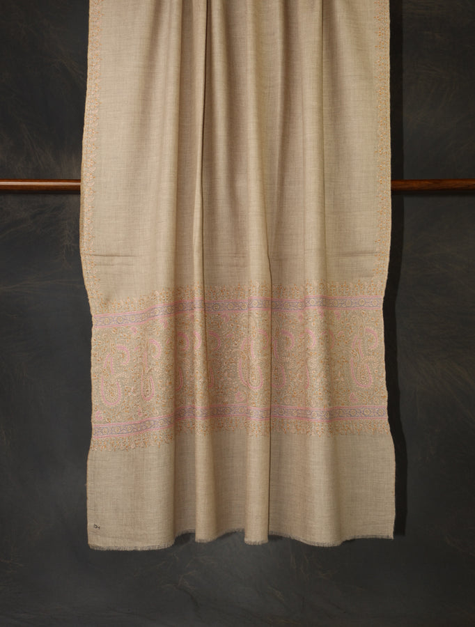 Natural Base Big Border Embroidery Cashmere Pashmina Shawl
