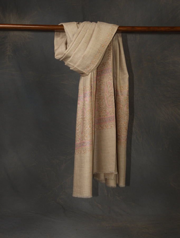 Natural Base Big Border Embroidery Cashmere Pashmina Shawl
