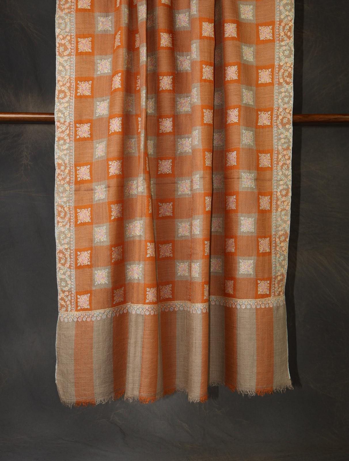 Orange And Natural Plaid Base Big Motif Jali Embroidery Cashmere Pashmina Shawl