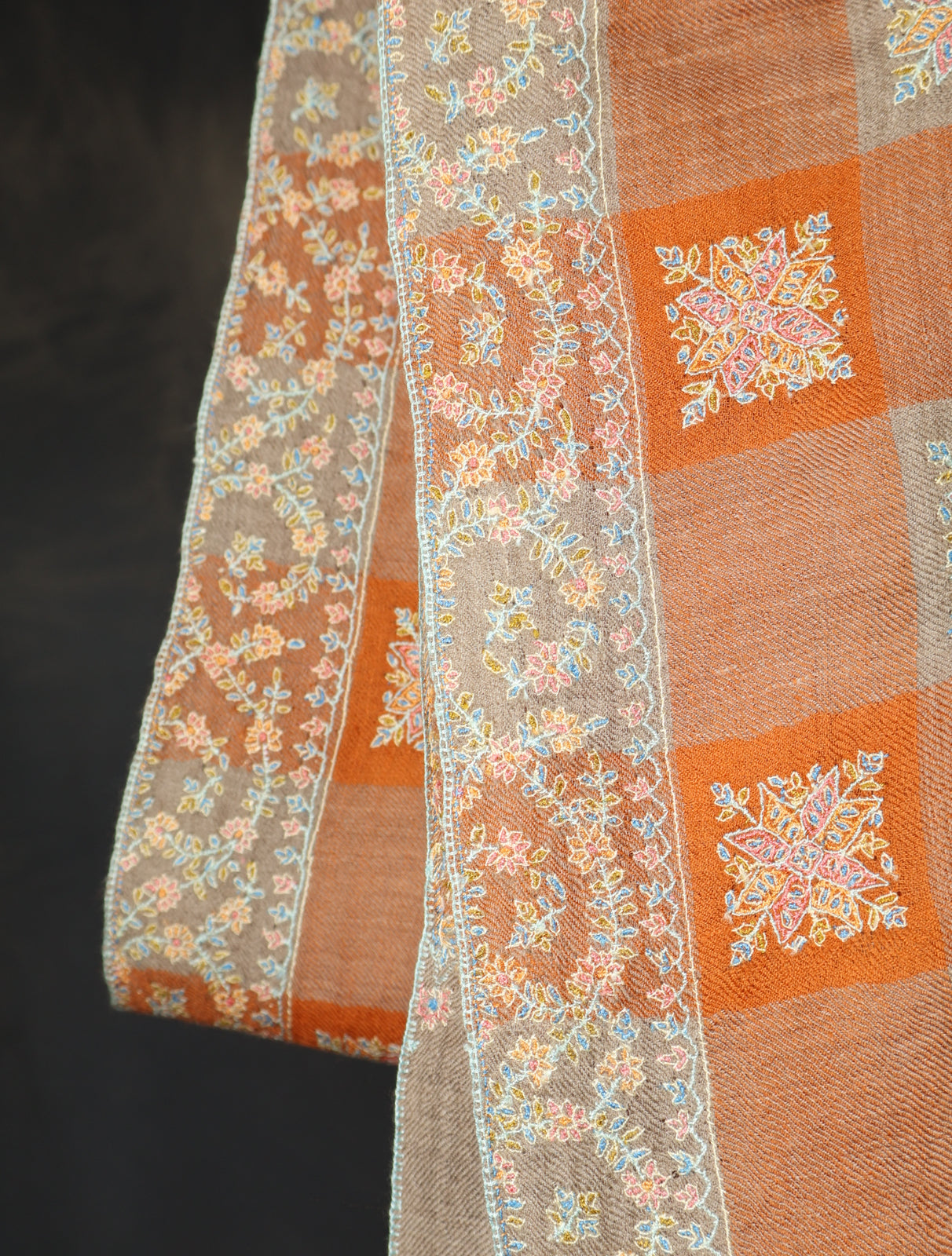 Orange And Natural Plaid Base Big Motif Jali Embroidery Cashmere Pashmina Shawl