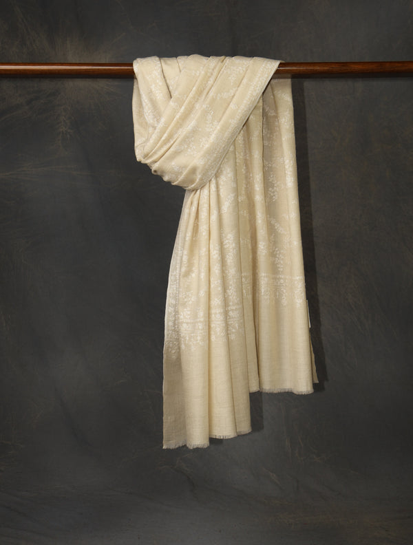 Ivory Base Jali Embroidery Cashmere Pashmina Shawl — Jali openwork embroidery pashmina shawl from Srinagar