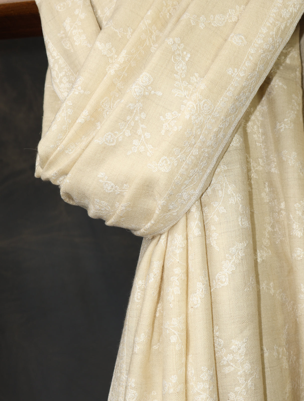 Ivory Base Jali Embroidery Cashmere Pashmina Shawl