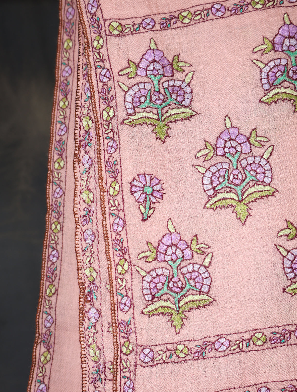 Blush Pink Base Big Motifs Border Embroidery Cashmere Pashmina Shawl
