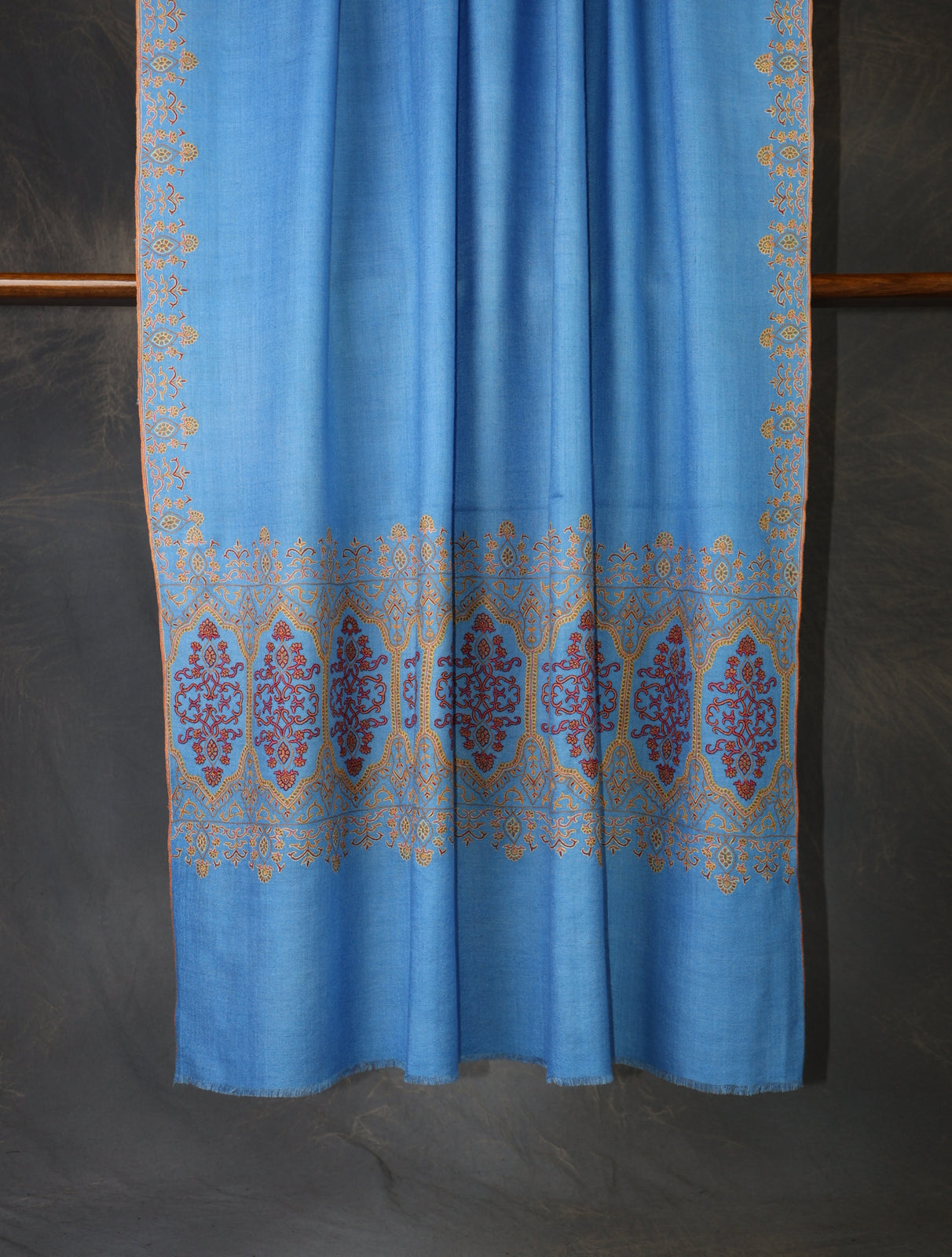 Blue Base Big Motif Border Embroidery Cashmere Pashmina Shawl