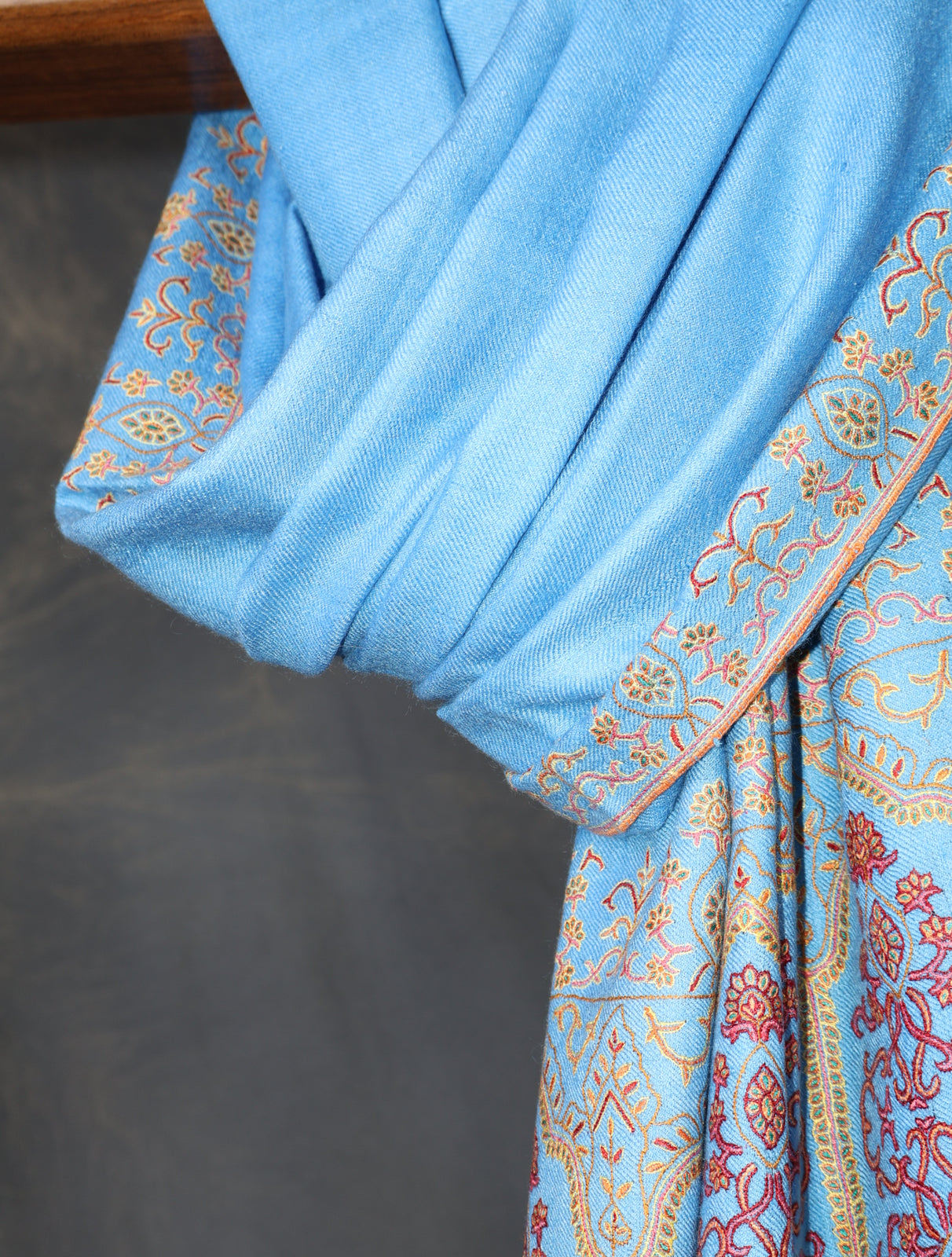 Blue Base Big Motif Border Embroidery Cashmere Pashmina Shawl