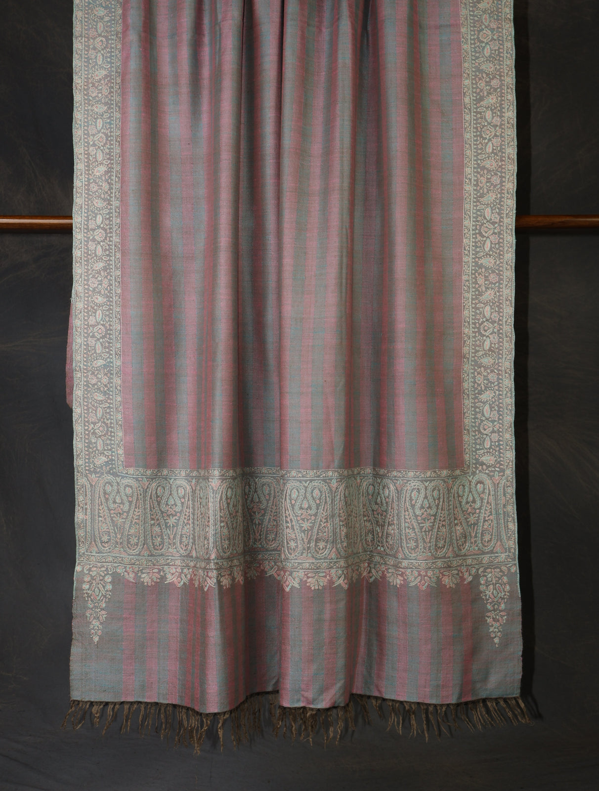 Grey and Pink Striped Base Big Border Embroidery Cashmere Pashmina Shawl