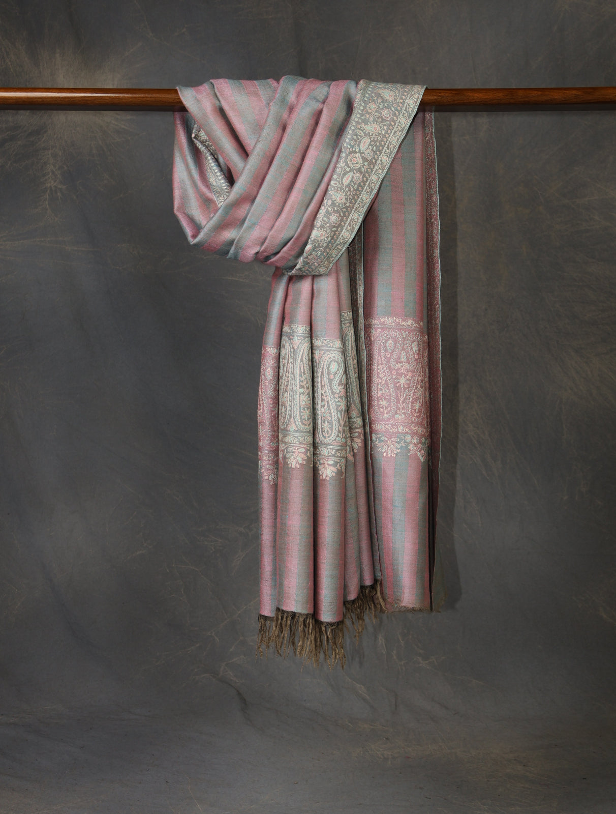 Grey and Pink Striped Base Big Border Embroidery Cashmere Pashmina Shawl