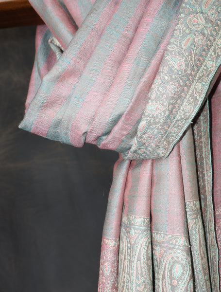Grey and Pink Striped Base Big Border Embroidery Cashmere Pashmina Shawl