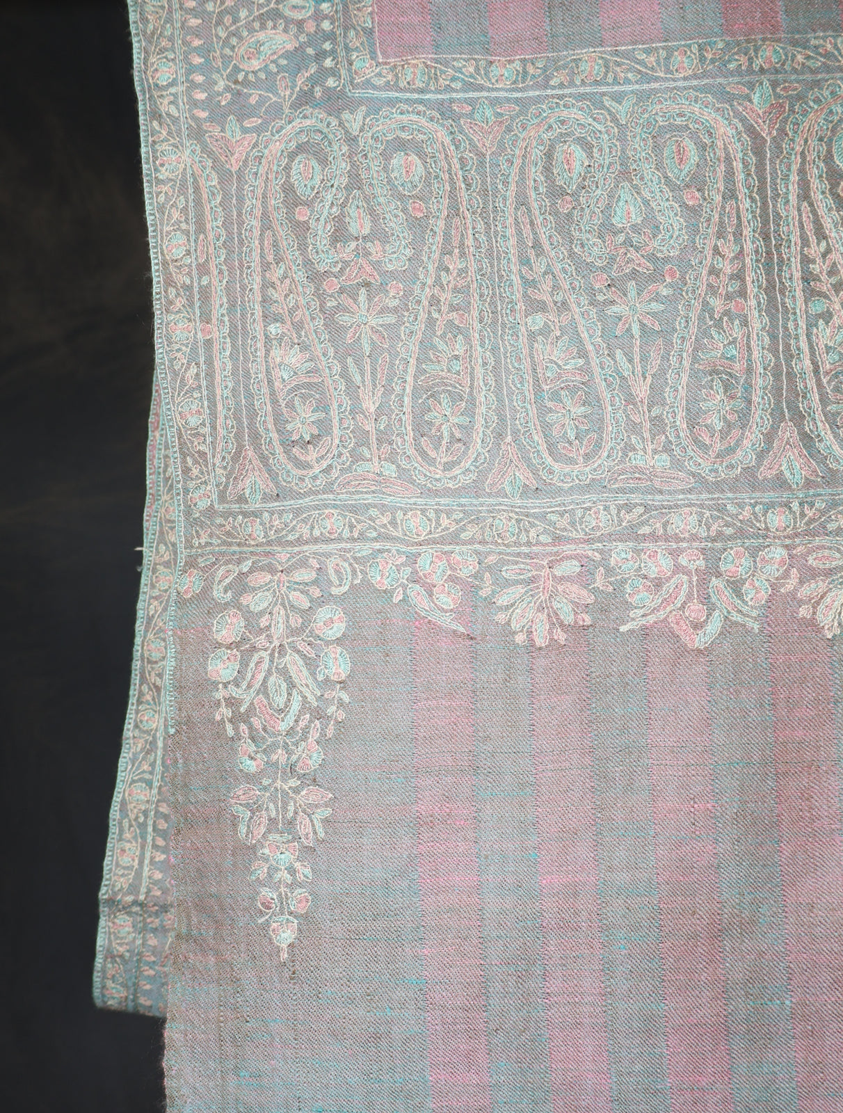 Grey and Pink Striped Base Big Border Embroidery Cashmere Pashmina Shawl