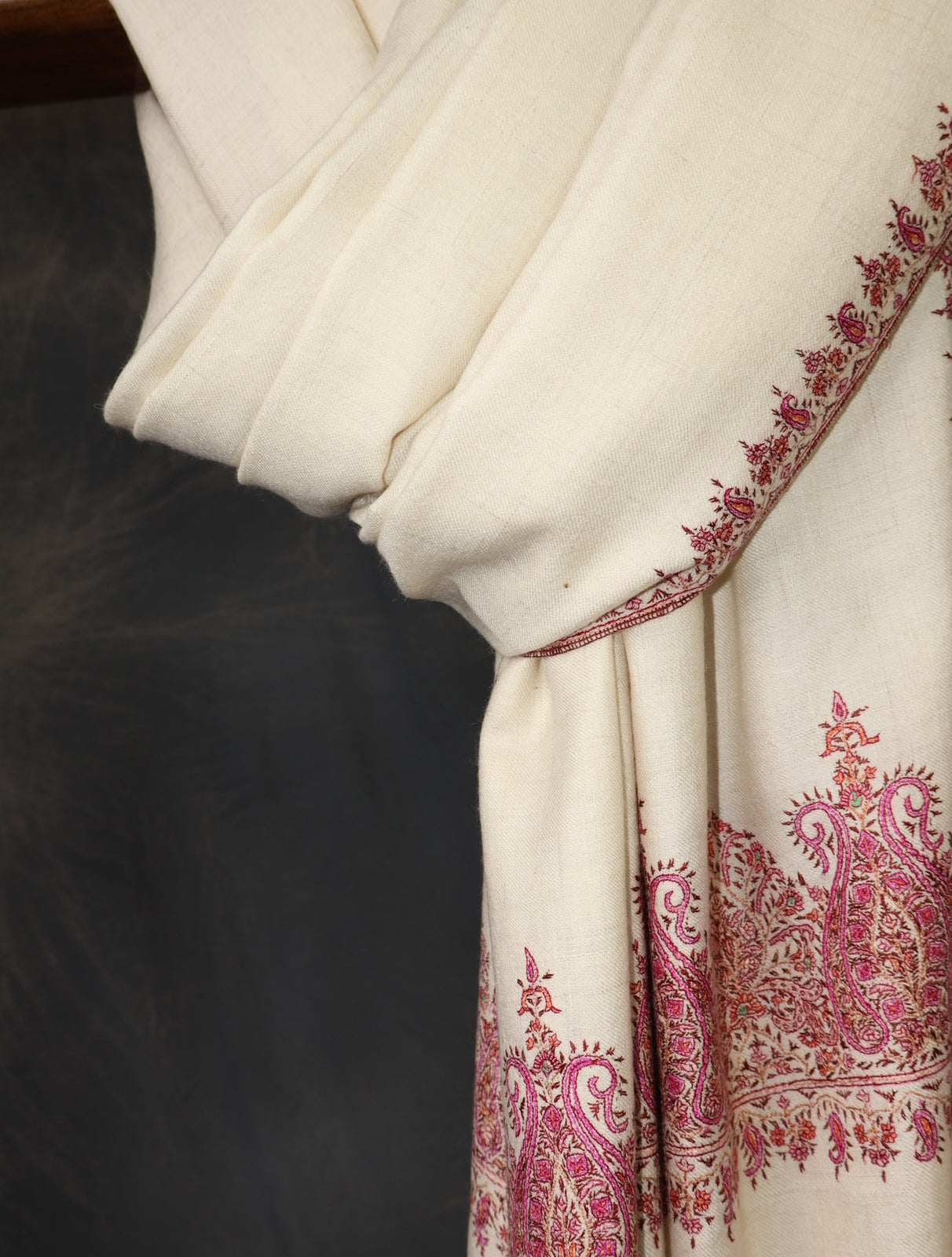 Ivory Base Big Border Embroidery Cashmere Pashmina Shawl