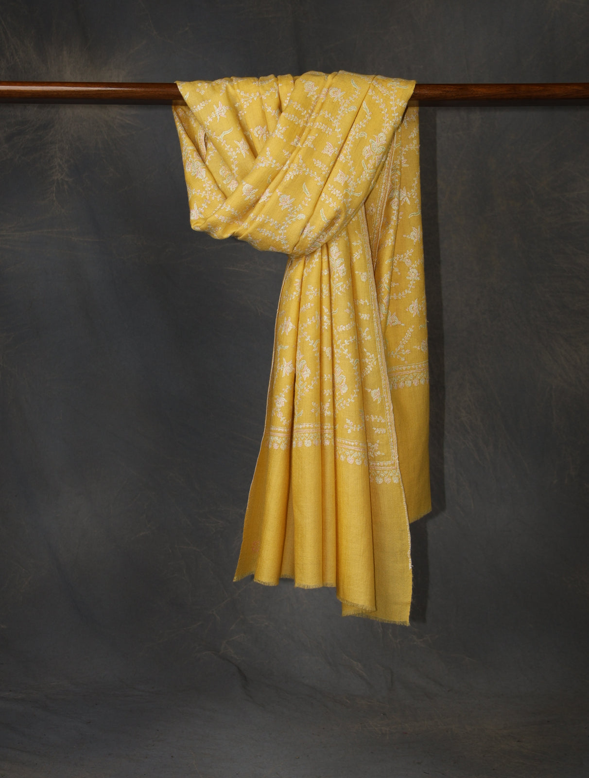 Yellow Base Jali Embroidery Cashmere Pashmina Shawl