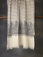 Ivory Black Striped With Big Border Embroidery Cashmere Pashmina Shawl