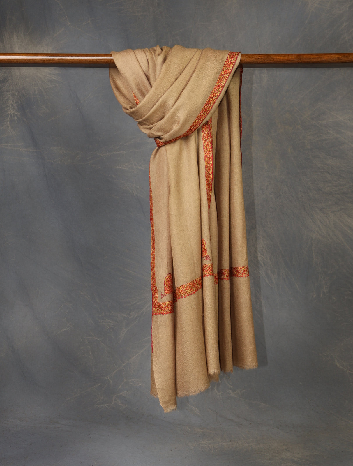 Beige colour with Small Border Embroidery Cashmere Pashmina Scarf