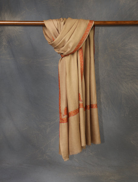 Beige colour with Small Border Embroidery Cashmere Pashmina Scarf