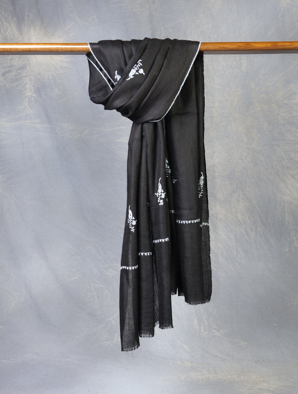 Black Buteh Motif Embroidery Cashmere Pashmina Scarf
