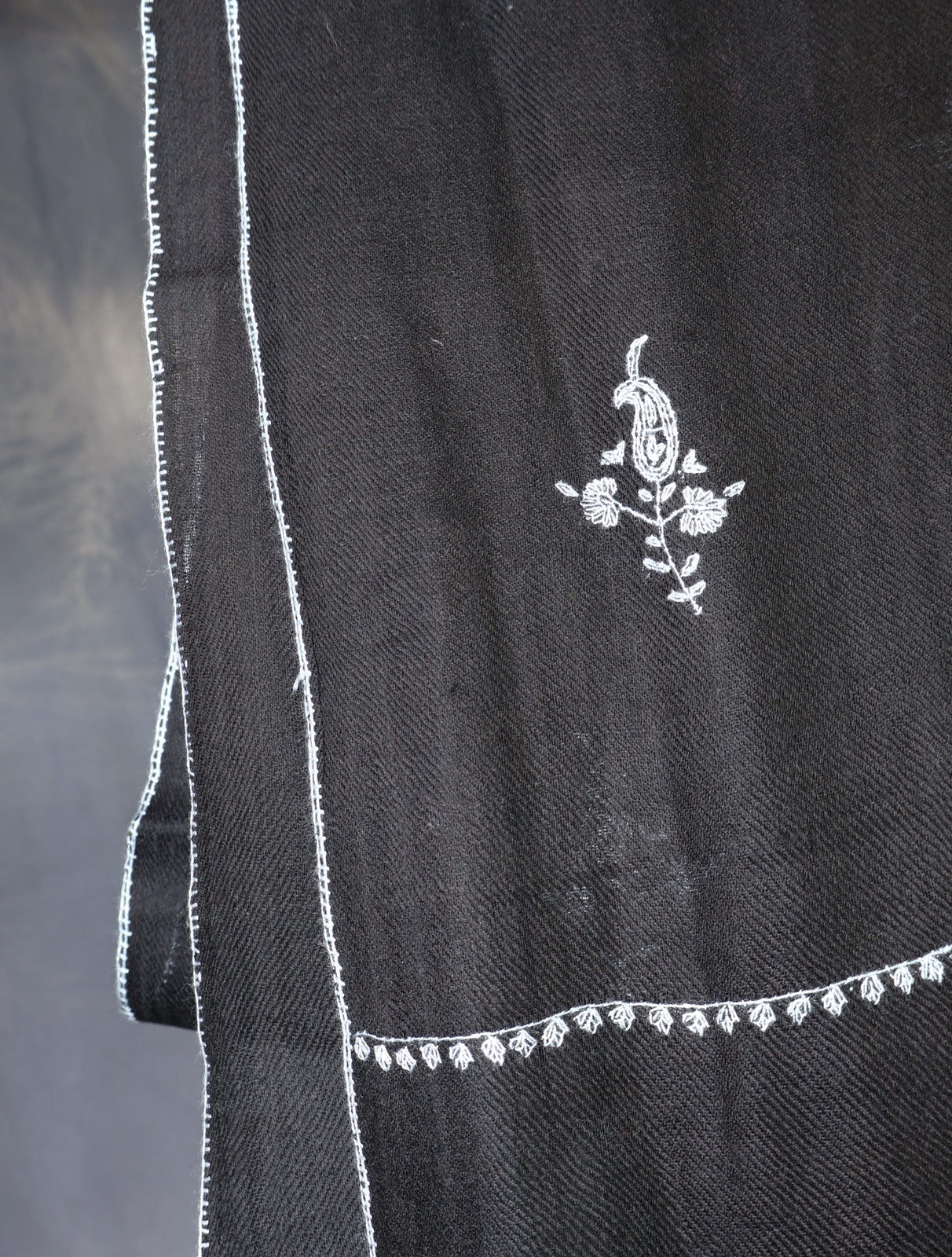 Black Buteh Motif Embroidery Cashmere Pashmina Scarf