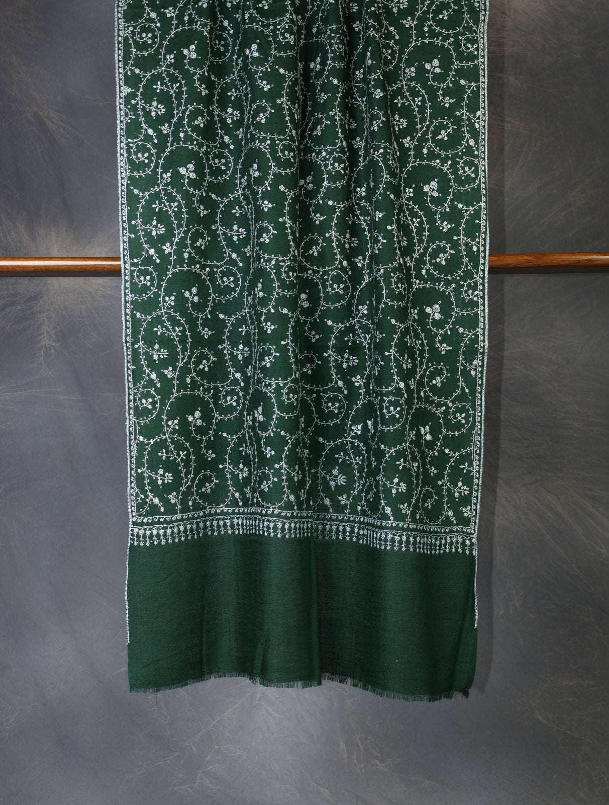 Bottle Green Jali Embroidery Cashmere Pashmina Scarf