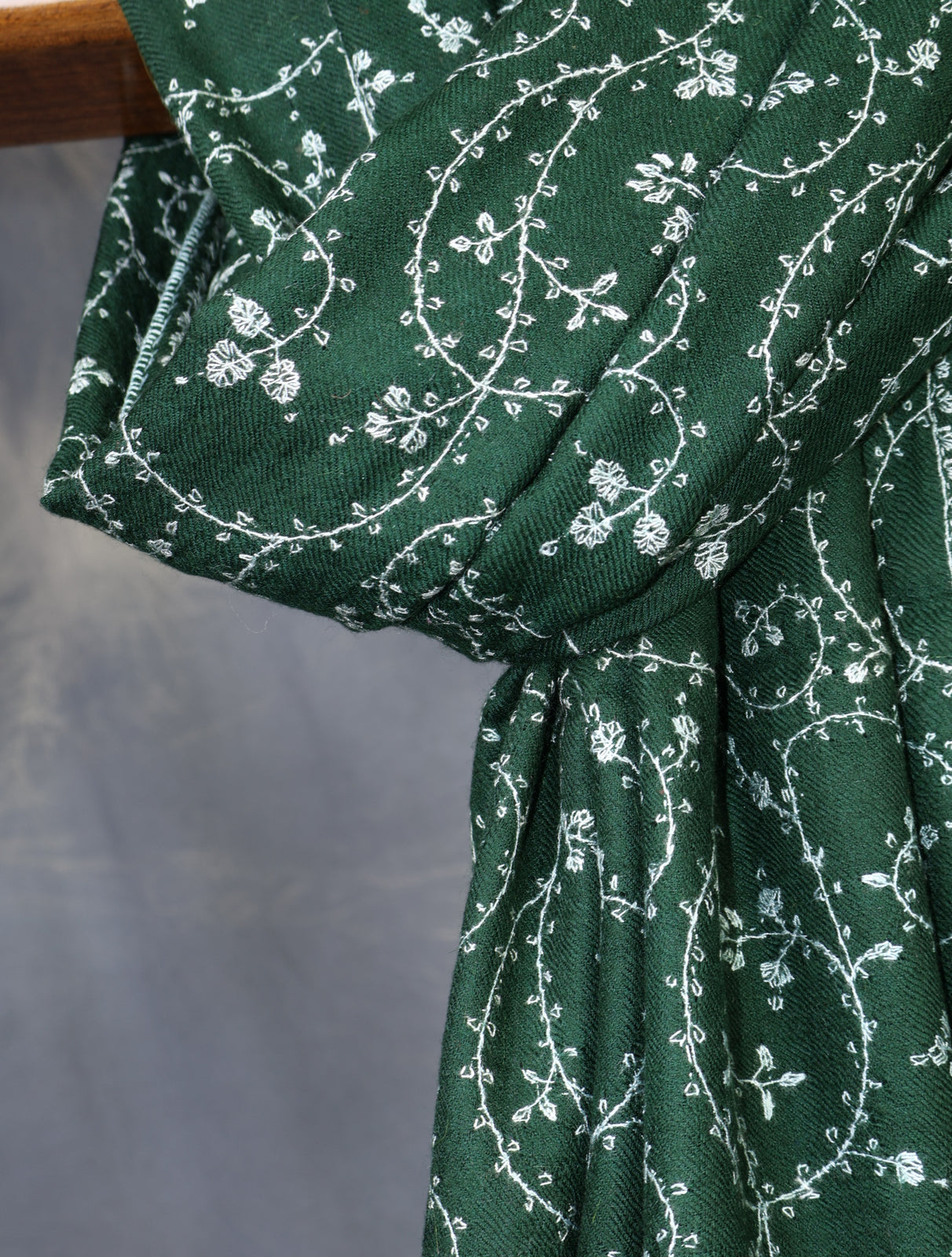 Bottle Green Jali Embroidery Cashmere Pashmina Scarf