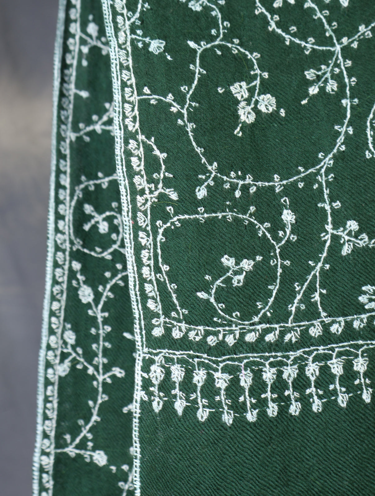 Bottle Green Jali Embroidery Cashmere Pashmina Scarf