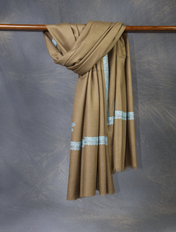 Natural Base Blue Big Border Embroidery Cashmere Pashmina Shawl