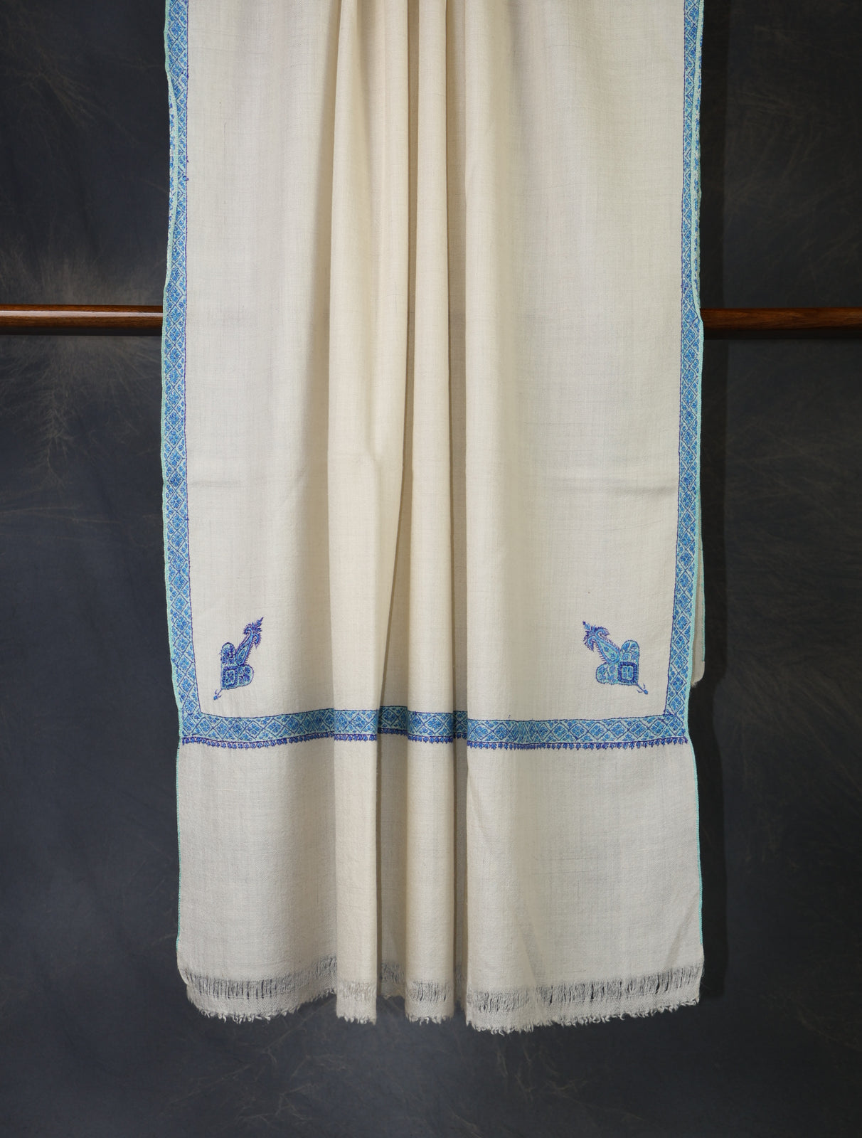 Ivory Base With Blue Border Embroidery Cashmere Pashmina Shawl