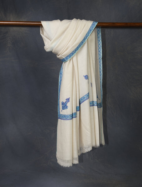Ivory Base With Blue Border Embroidery Cashmere Pashmina Shawl