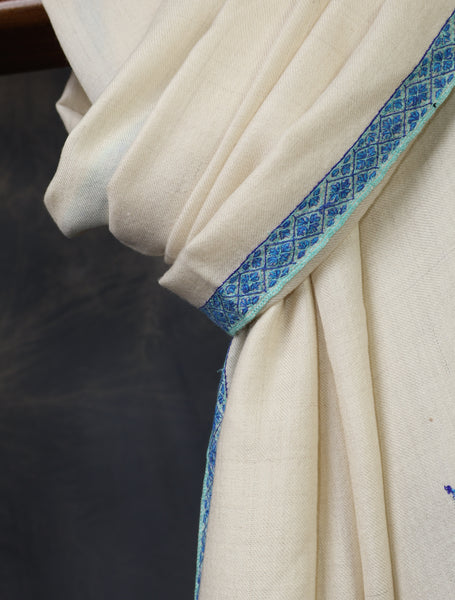 Ivory Base With Blue Border Embroidery Cashmere Pashmina Shawl